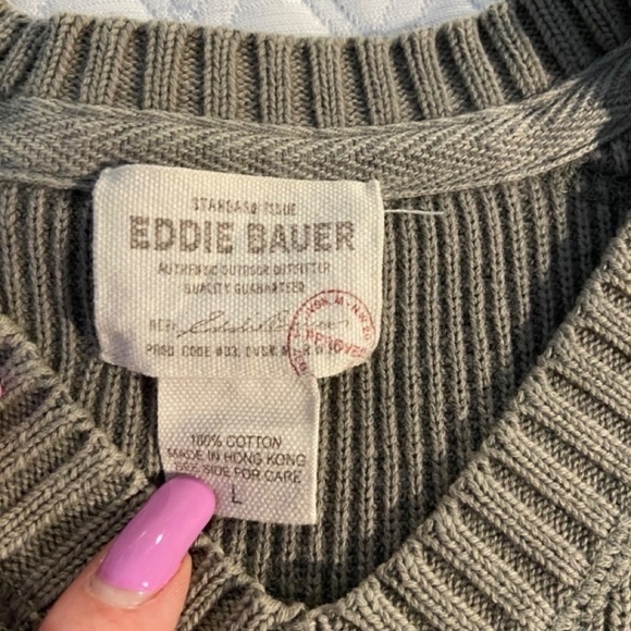 Eddie Bauer 100% Cotton Men's Sweater in Khaki Size L with Canvas accents GUC - Picture 4 of 14
